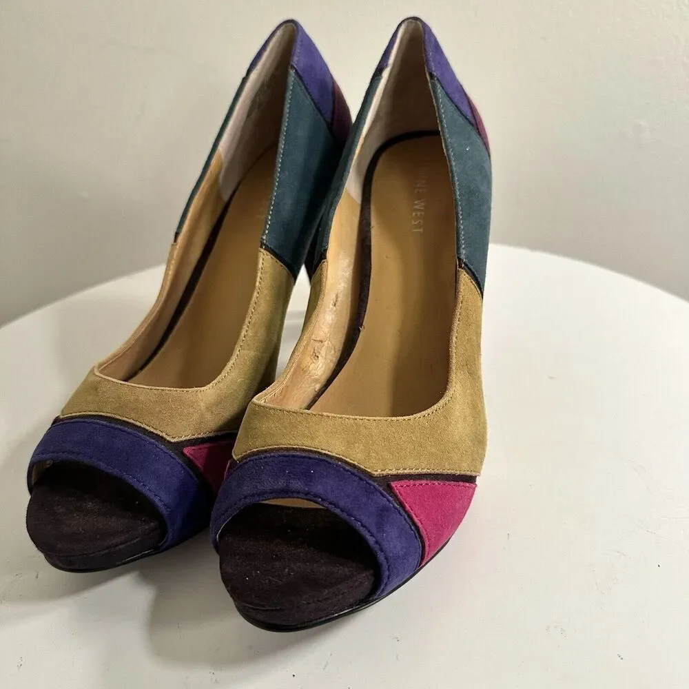 Nine West Kaspiao‎ Open Toe Suede High Heel Dopamine Patchwork Size 8M Y2K - Picture 8 of 16